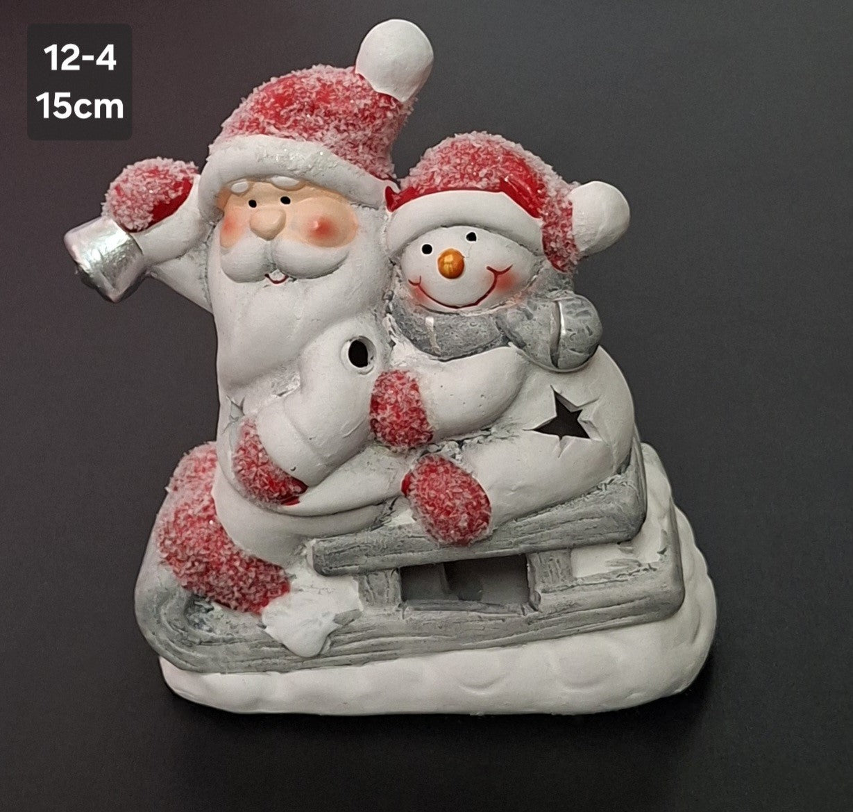 Decorațiune de Crăciun din Ceramică – Moș Crăciun cu Om de Zăpadă pe Sanie - 15cm